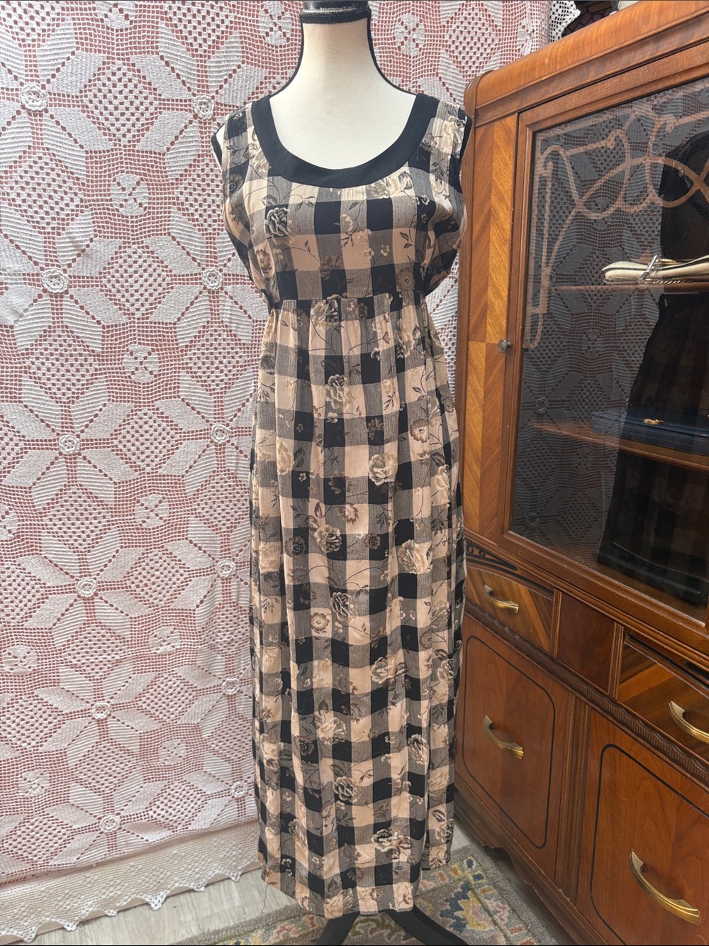 Vintage Floral Check Maxi Dress Sz L